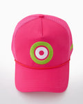 Pink mahjong cap with a green and white target-like logo on a white background