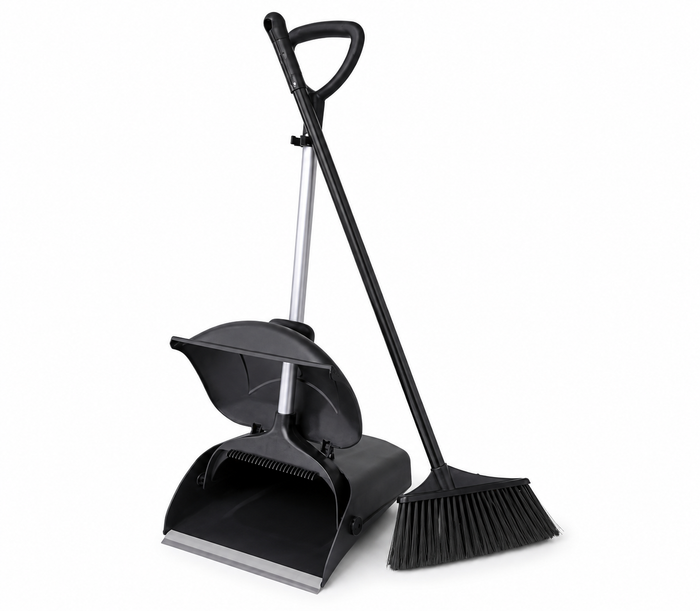 Plactic dust pan with closing lid, long handle and broom