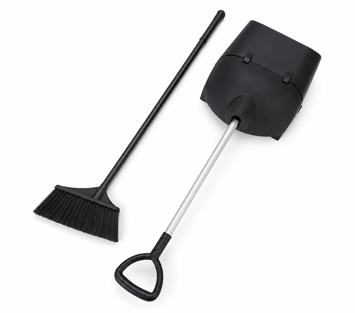Plactic dust pan with closing lid, long handle and broom