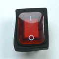 Red rectangular power switch YN033 with on/off symbols encased in black plastic housing isolated on white background