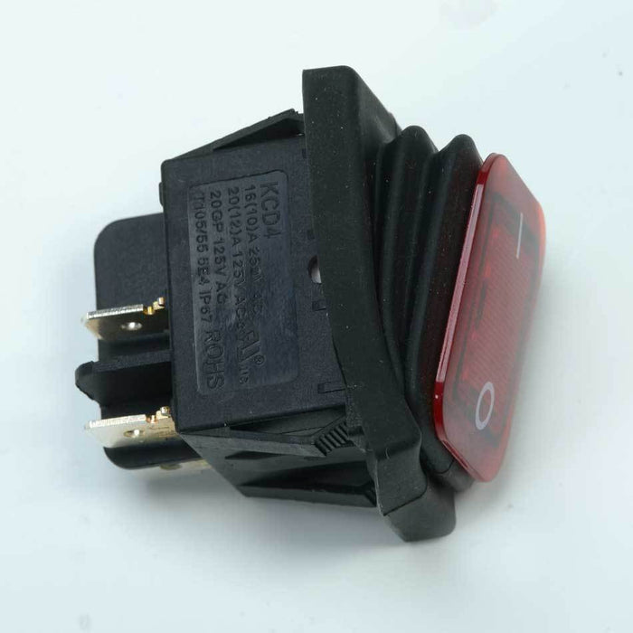 Power Switch YN033 with red rocker button and black casing showing electrical connectors on side isolated on white background
