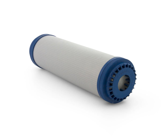 pureWash Prefilter Kit cylindrical cartridge with white pleated filter and blue end caps isolated on white background
