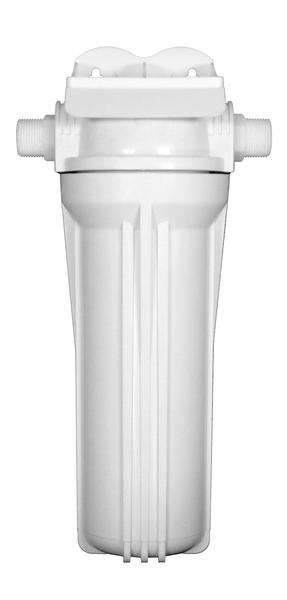 pureWash Prefilter Kit water filter housing with inlet and outlet connectors in white plastic casing isolated on white background