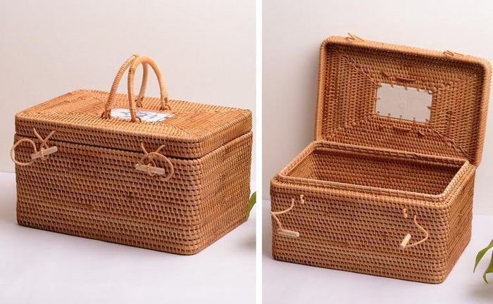 Rattan Wicker Serving Basket, Storage Baskets for Picnic, Kitchen Storage Baskets, Woven Storage Baskets with Lid-Paintingforhome