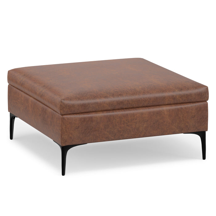Distressed Saddle Brown Distressed Vegan Leather | Rebecca Coffee Table Storage Ottoman with Lift Up Lid in Distressed Vegan Leather