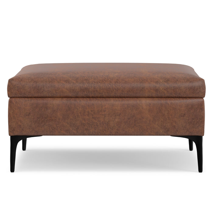 Distressed Saddle Brown Distressed Vegan Leather | Rebecca Coffee Table Storage Ottoman with Lift Up Lid in Distressed Vegan Leather