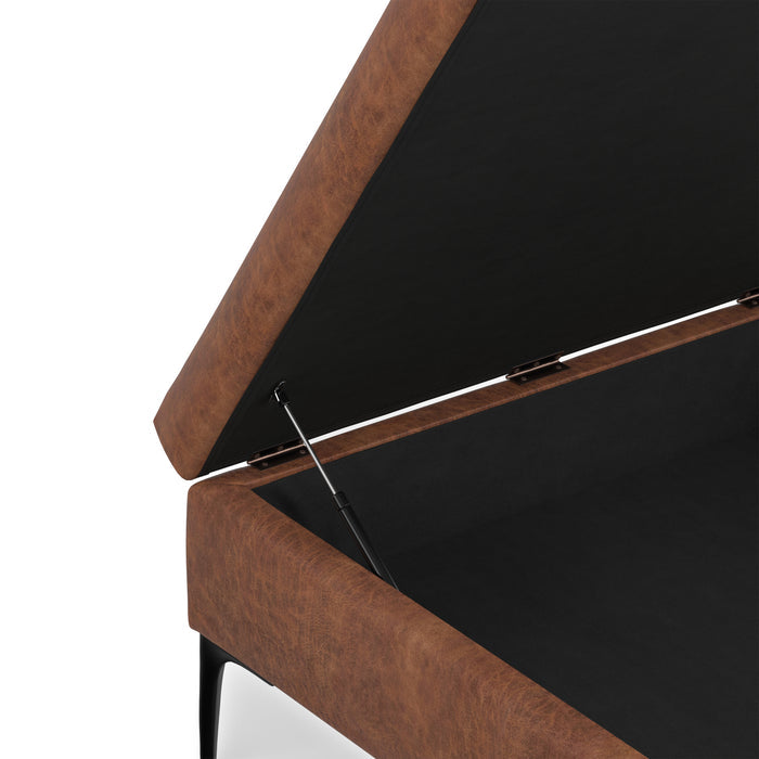Distressed Saddle Brown Distressed Vegan Leather | Rebecca Coffee Table Storage Ottoman with Lift Up Lid in Distressed Vegan Leather