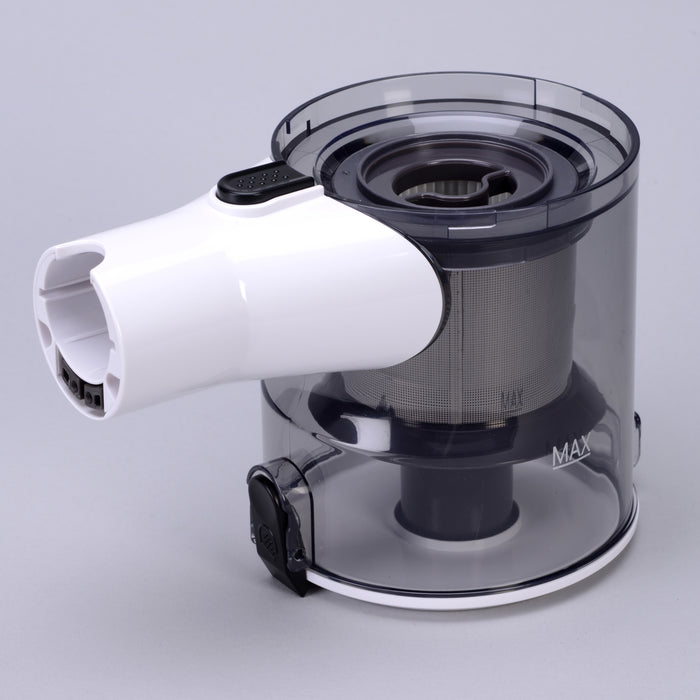 Replacement canister for EdenPURE Bio SpeedCLEAN VX300 vacuum with transparent body and white handle attachment