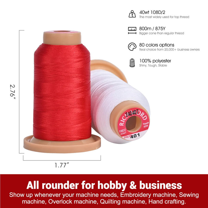 Richword 800m 108D/2 40wt Polyester Embroidery Thread - Sets