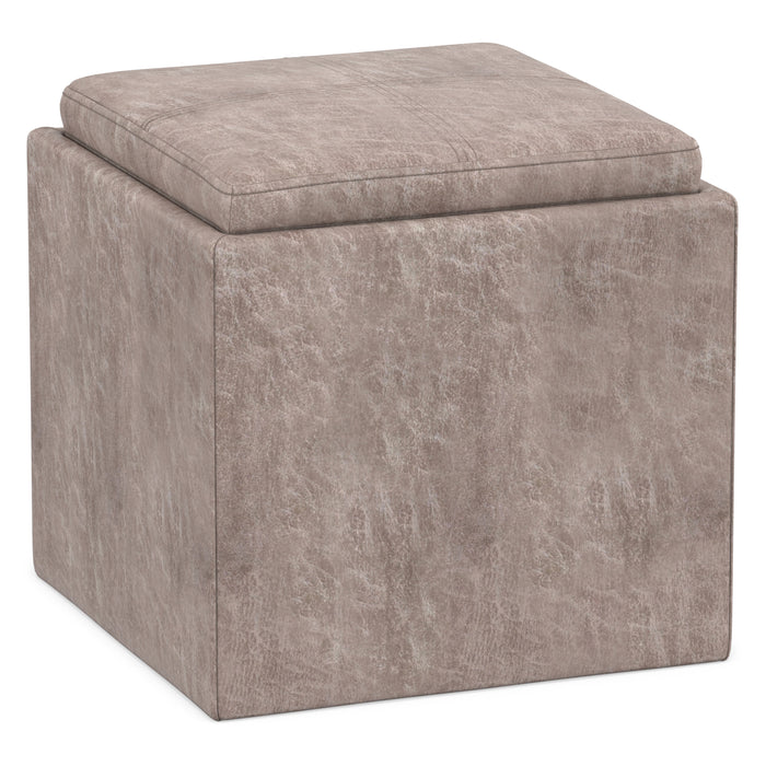 Distressed Grey Taupe Distressed Vegan Leather | Rockwood Vegan Leather Cube Storage Ottoman with Tray