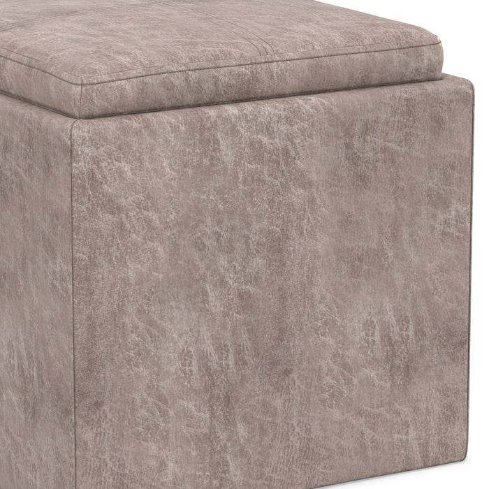 Distressed Grey Taupe Distressed Vegan Leather | Rockwood Vegan Leather Cube Storage Ottoman with Tray