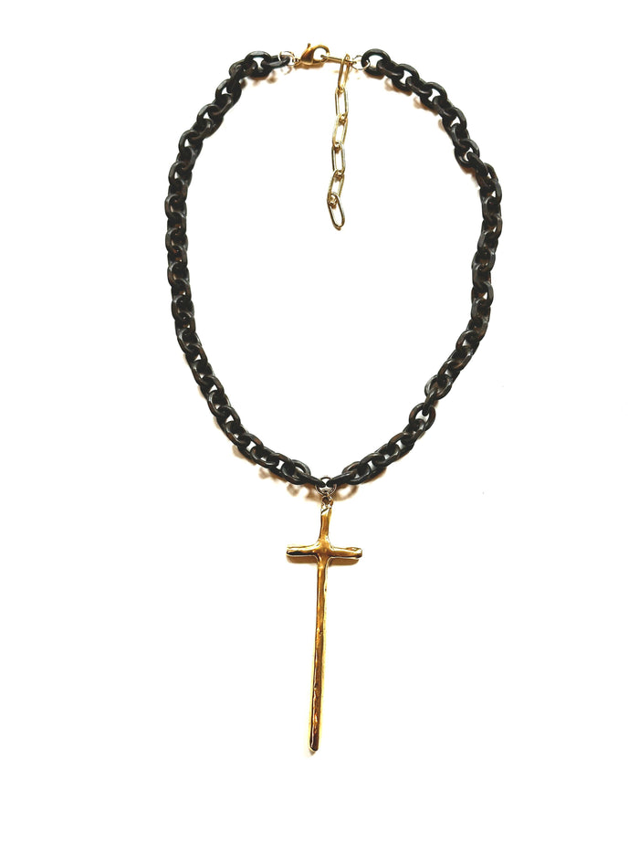 Rustic Brown Link Chain with Antique Gold Cross Necklace