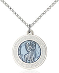 Saint Christopher round medal with Blue Enamel and White Border 0192WB1, Sterling Silver
