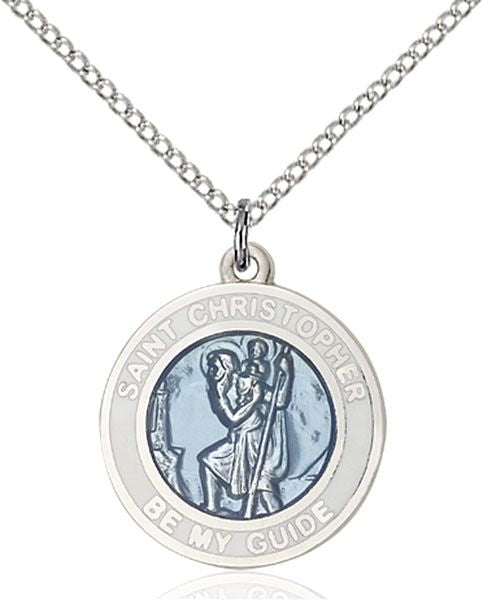 Saint Christopher round medal with Blue Enamel and White Border 0192WB1, Sterling Silver