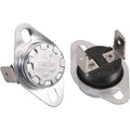 Pair of metal heat sensors with electrical terminals and mounting holes, labeled KSD301 250V 10A, isolated on white background
