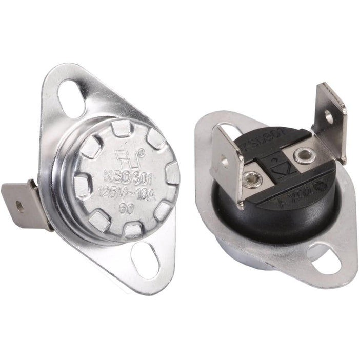 Pair of metal heat sensors with electrical terminals and mounting holes, labeled KSD301 250V 10A, isolated on white background
