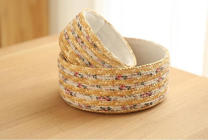 Set of 2, Round Woven Straw Basket with Lining, Storage Basket, Round Basket-Paintingforhome