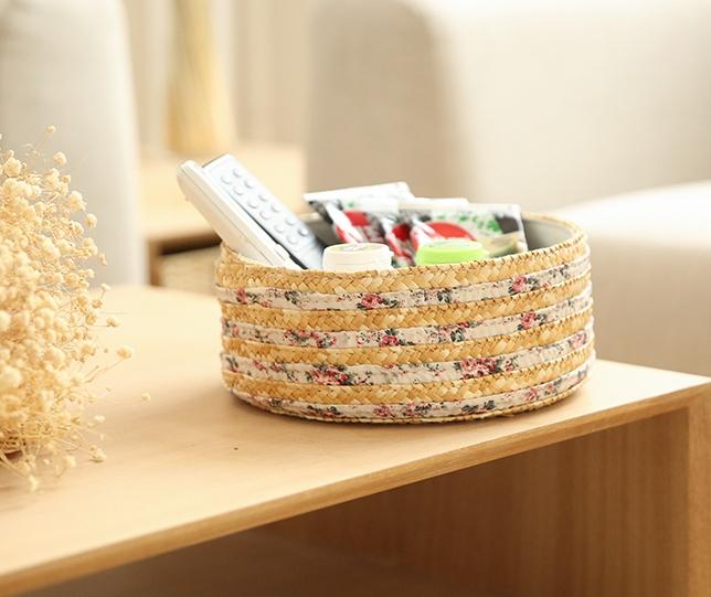 Set of 2, Round Woven Straw Basket with Lining, Storage Basket, Round Basket-Paintingforhome