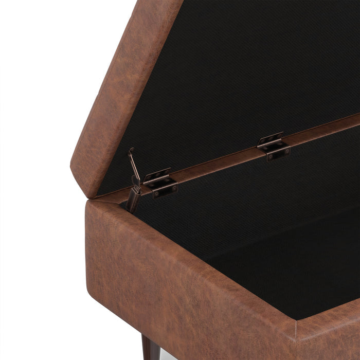 Distressed Saddle Brown Distressed Vegan Leather | Shay Mid Century Small Square Coffee Table Storage Ottoman