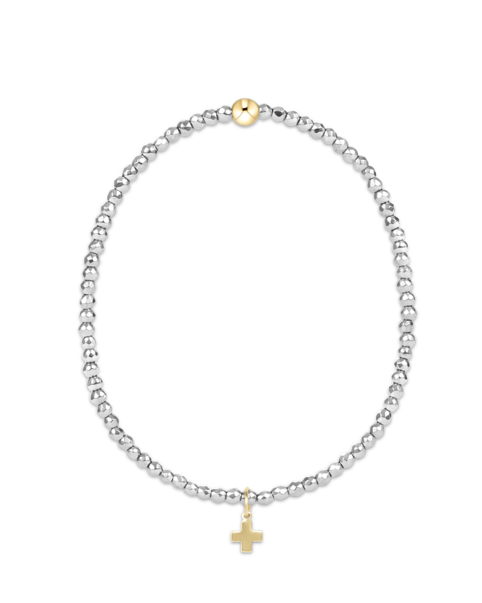 Silver Faceted Hematite 2mm Bead Bracelet -SIGNATURE CROSS GOLD CHARM
