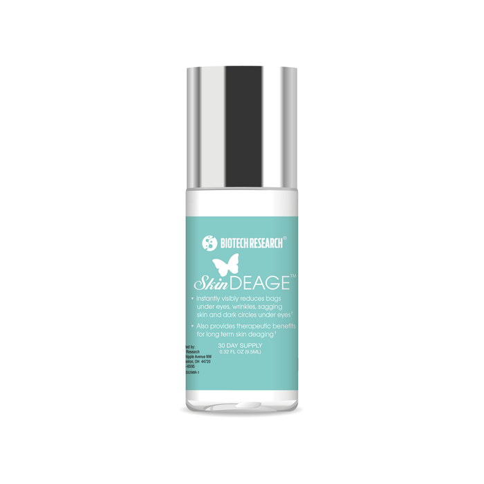 SkinDEAGE anti-aging cream bottle with silver cap and blue label for reducing wrinkles and under-eye bags