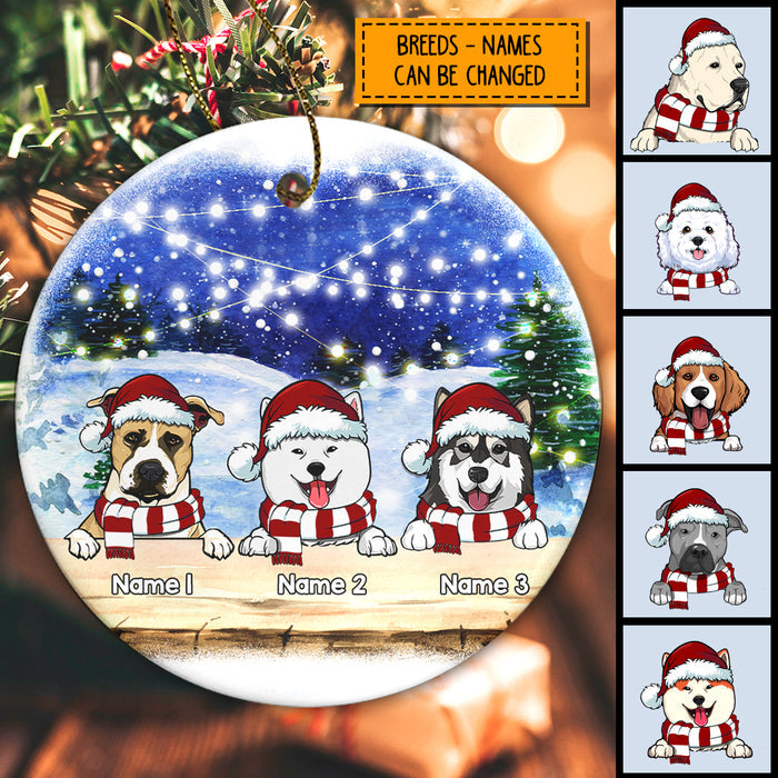 Snowy String Lights Blue Night Sky Circle Ceramic Ornament, Personalized Dog Lovers Decorative Christmas Ornament