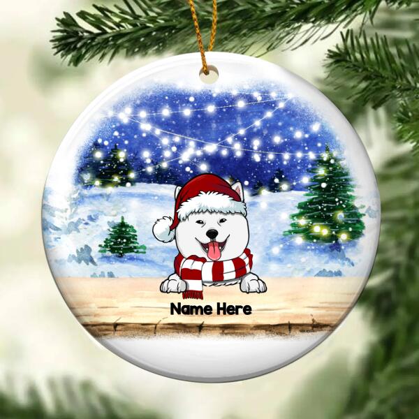 Snowy String Lights Blue Night Sky Circle Ceramic Ornament, Personalized Dog Lovers Decorative Christmas Ornament