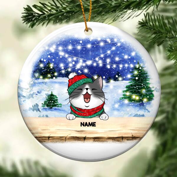 Snowy String Lights Blue Sky Circle Ceramic Ornament, Personalized Cat Lovers Decorative Christmas Ornament