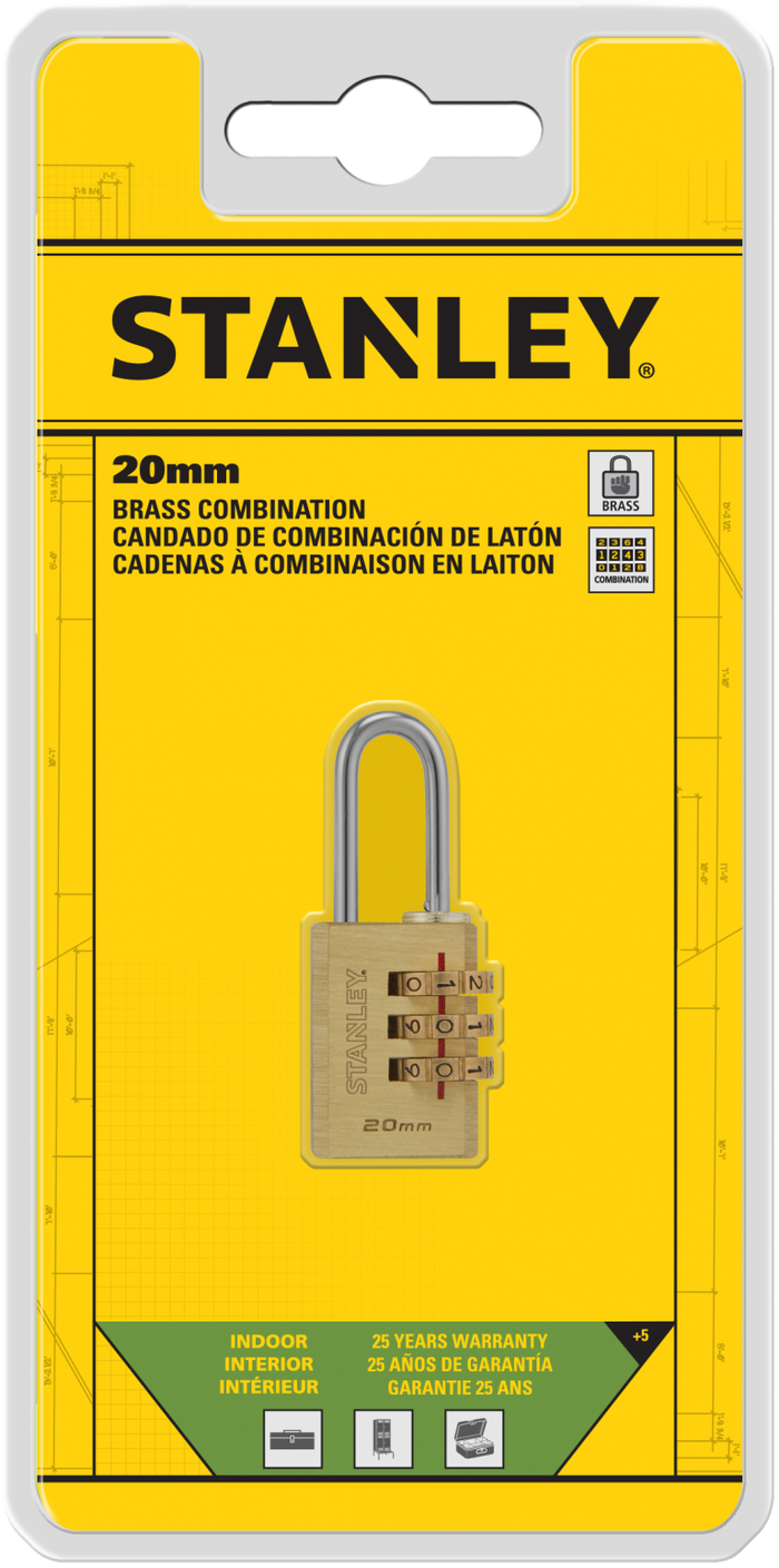 Stanley Solid Brass Combination Padlock 3 Digit 20mm/ 30mm