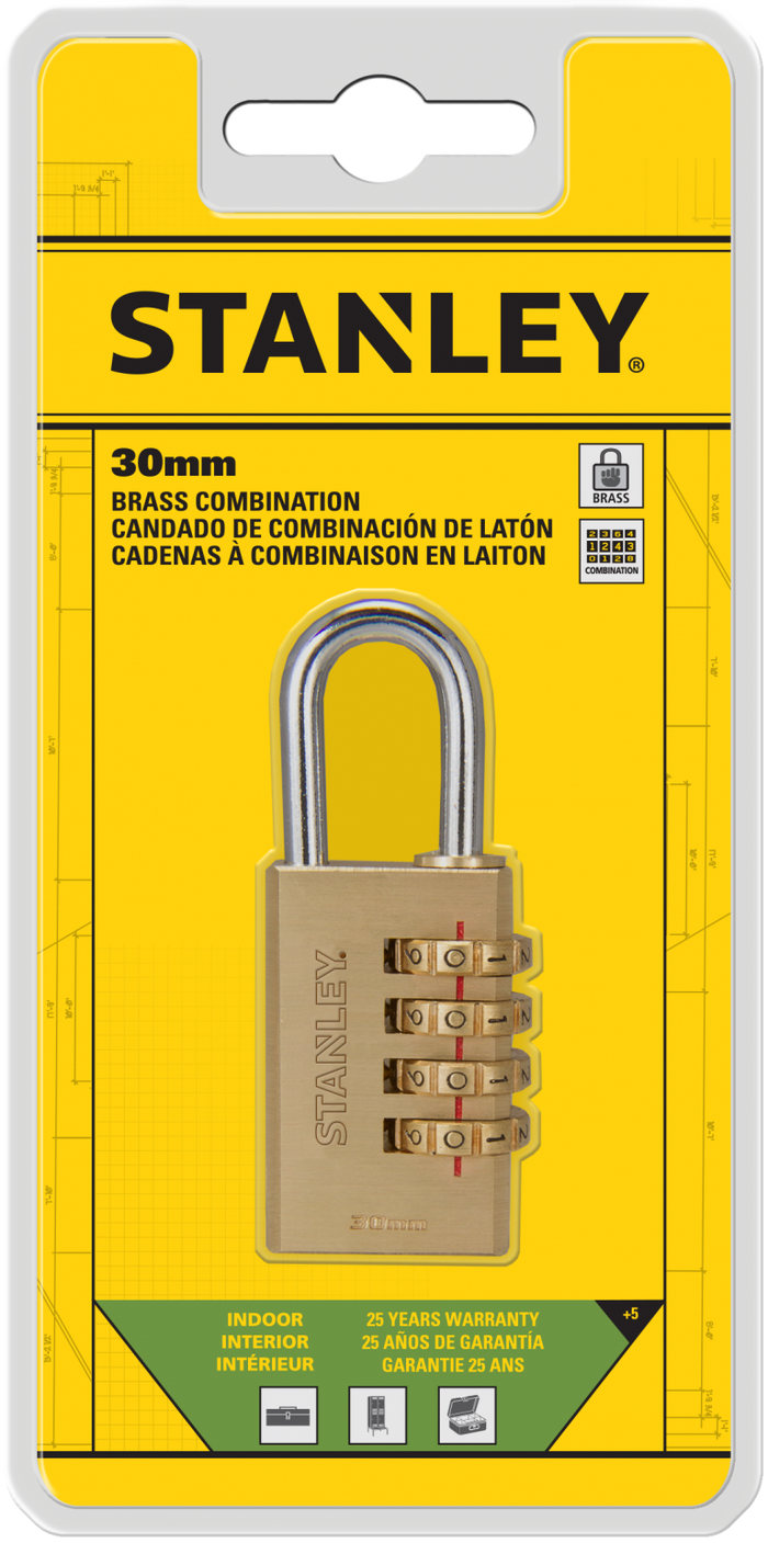 Stanley Solid Brass Combination Padlock 3 Digit 20mm/ 30mm