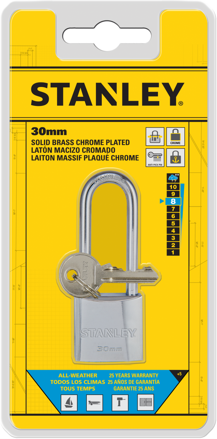 Stanley Solid Brass Long Shackle Chrome Coated Padlock 30mm/ 40mm/ 50mm