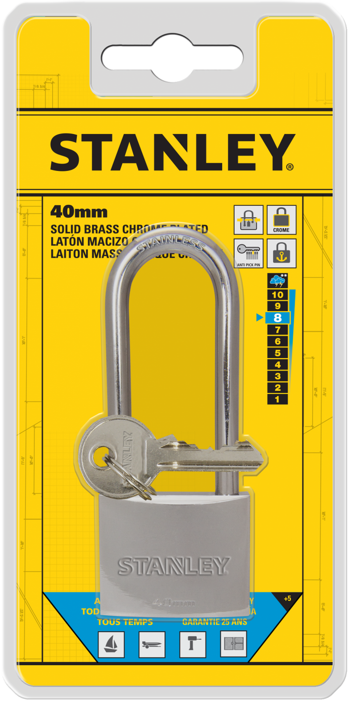 Stanley Solid Brass Long Shackle Chrome Coated Padlock 30mm/ 40mm/ 50mm