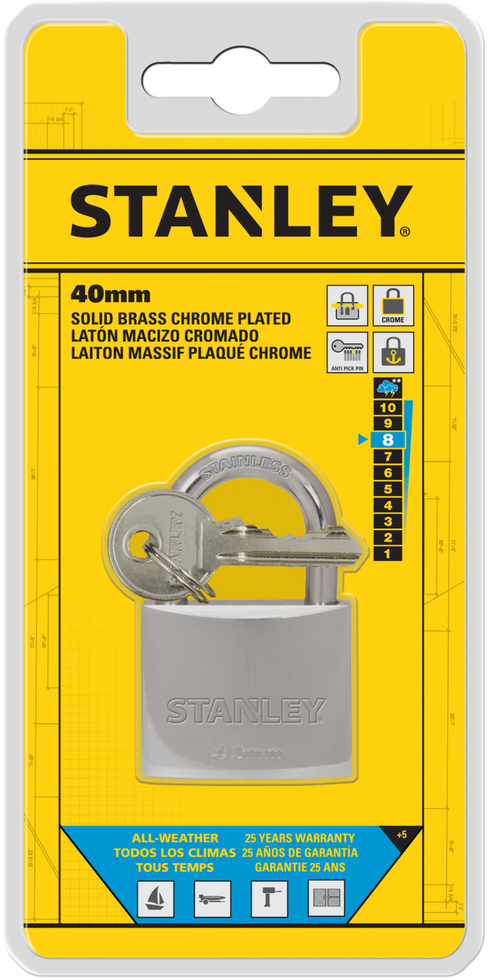 Stanley Solid Brass Standard Shackle Chrome Coated Padlock 30mm/ 40mm/ 50mm