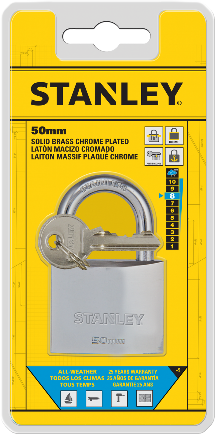 Stanley Solid Brass Standard Shackle Chrome Coated Padlock 30mm/ 40mm/ 50mm