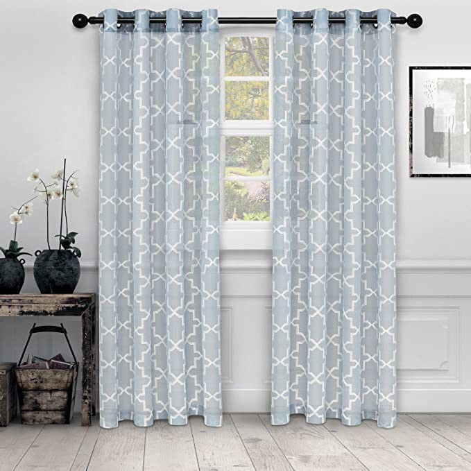 Superior Semi-Sheer Quatrefoil Printed Curtain Panels, Set of 2, light blue