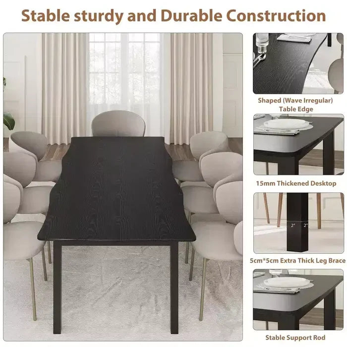 71 / 78 Rectangular Dining Table for 6-8 with Wave Irregular Edge and Metal Frame Waterproof Scratch-Resistant, Versatile for Dining/Work/Study