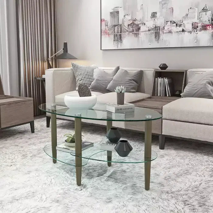 Transparent Oval Glass Coffee Table with Oak Wood Legs, 3-Layer Modern Table for Living Room