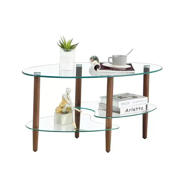 Transparent Oval Glass Coffee Table with Oak Wood Legs, 3-Layer Modern Table for Living Room