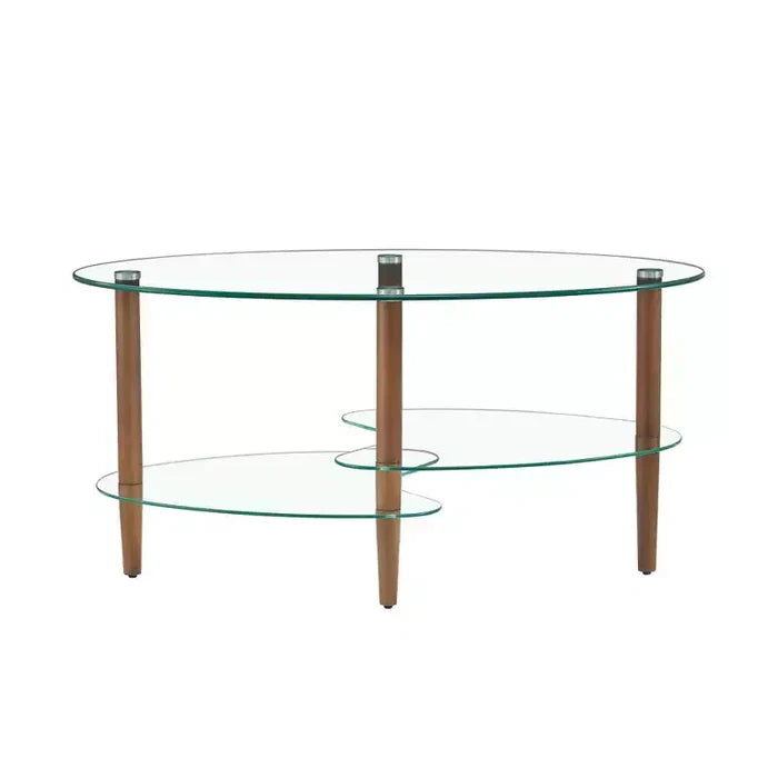 Transparent Oval Glass Coffee Table with Oak Wood Legs, 3-Layer Modern Table for Living Room