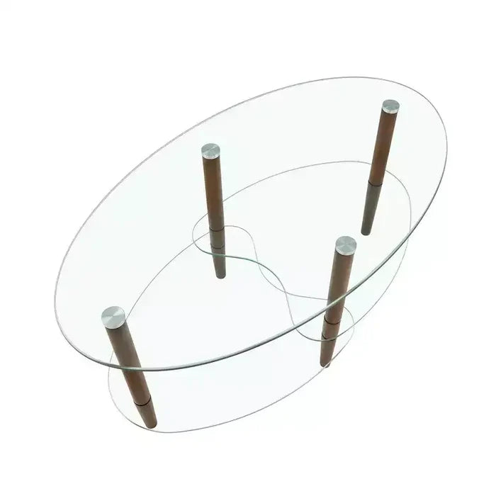 Transparent Oval Glass Coffee Table with Oak Wood Legs, 3-Layer Modern Table for Living Room
