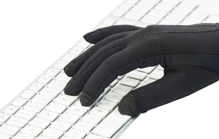Black Writer's Glove® designed for typing with touchscreen-compatible fingertips on white keyboard background