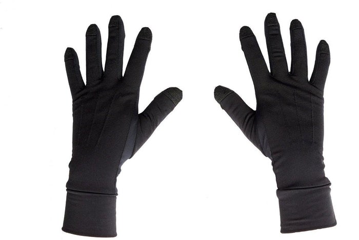 The Writer's Glove thin black gloves designed for typing, showing palm and back views on white background