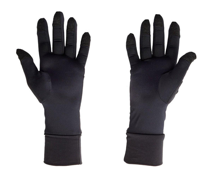 Pair of black The Writer's Glove thin warm gloves with touchscreen fingertips for typing in cold environments