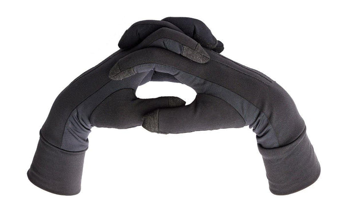 Pair of black The Writer's Glove thin warm gloves designed for typing with touchscreen-compatible fingertips isolated on white background