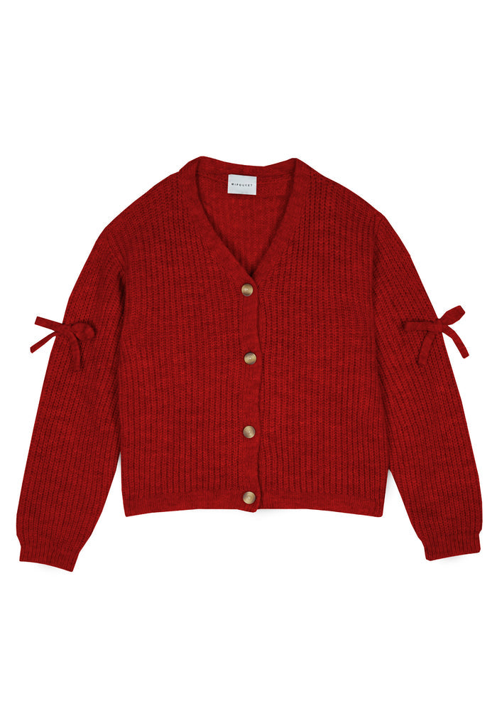 top l/s chunky knit bow cardigan - deep red