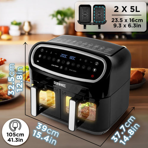 (TWO DRAWER MODEL) Duronic AF24 BK Dual Air Fryer, 10L Large Capacity Digital Air Fryer with Dual Zone Baskets, 10 Cooking Presets, Sync Cook & Finish, 2400W Fast Cooking, Viewing Window, Dishwasher-Safe – Family Size