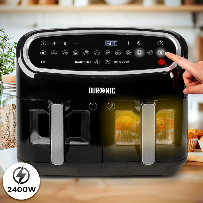 (TWO DRAWER MODEL) Duronic AF24 BK Dual Air Fryer, 10L Large Capacity Digital Air Fryer with Dual Zone Baskets, 10 Cooking Presets, Sync Cook & Finish, 2400W Fast Cooking, Viewing Window, Dishwasher-Safe – Family Size