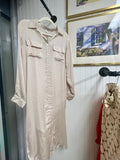 Umgee Champagne Satin Button Down Midi Dress Adjustable Sleeve High Slit