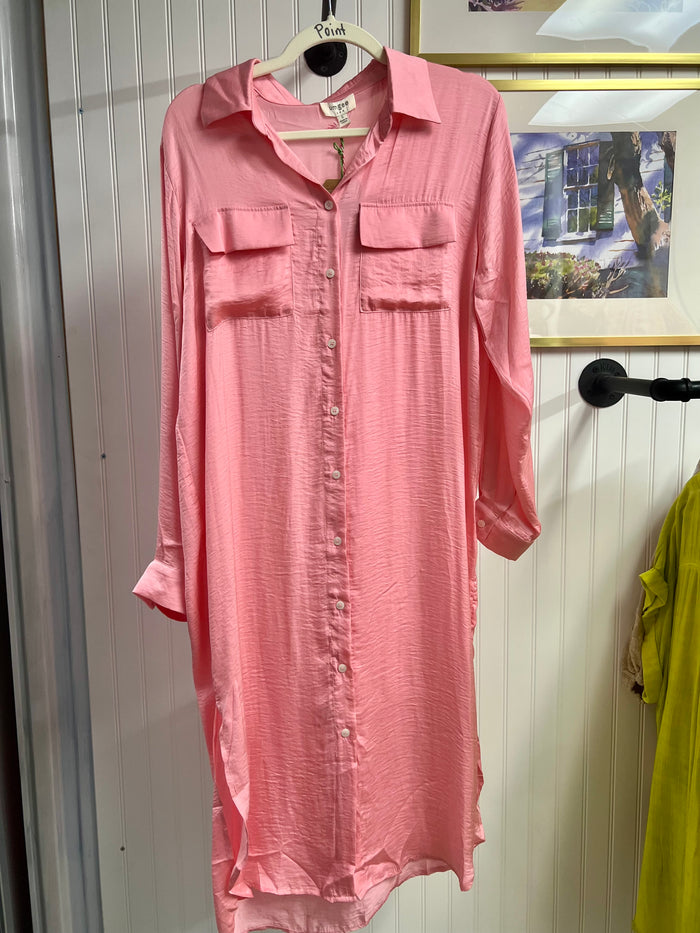 Umgee Coral Sheer Mandarin Collar Balloon Sleeve button Down Shirt High Low Hem