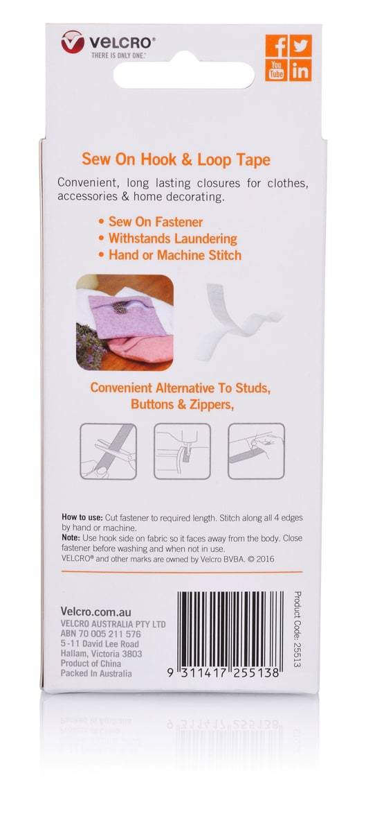 Velcro Brand  Sew on Hook and Loop Tape 20 mm X 1 Meter White
